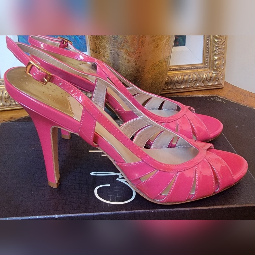 NIB COLE HAAN NIKE AIR Pink Patent Leather Peep Toe Slingback Heels Sandals 9.5